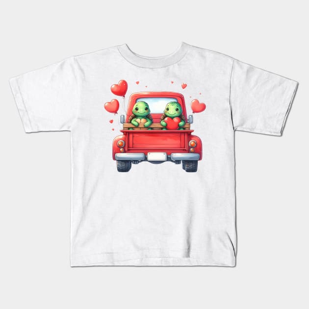Valentine Turtle Couple Sitting On Truck Kids T-Shirt by Chromatic Fusion Studio